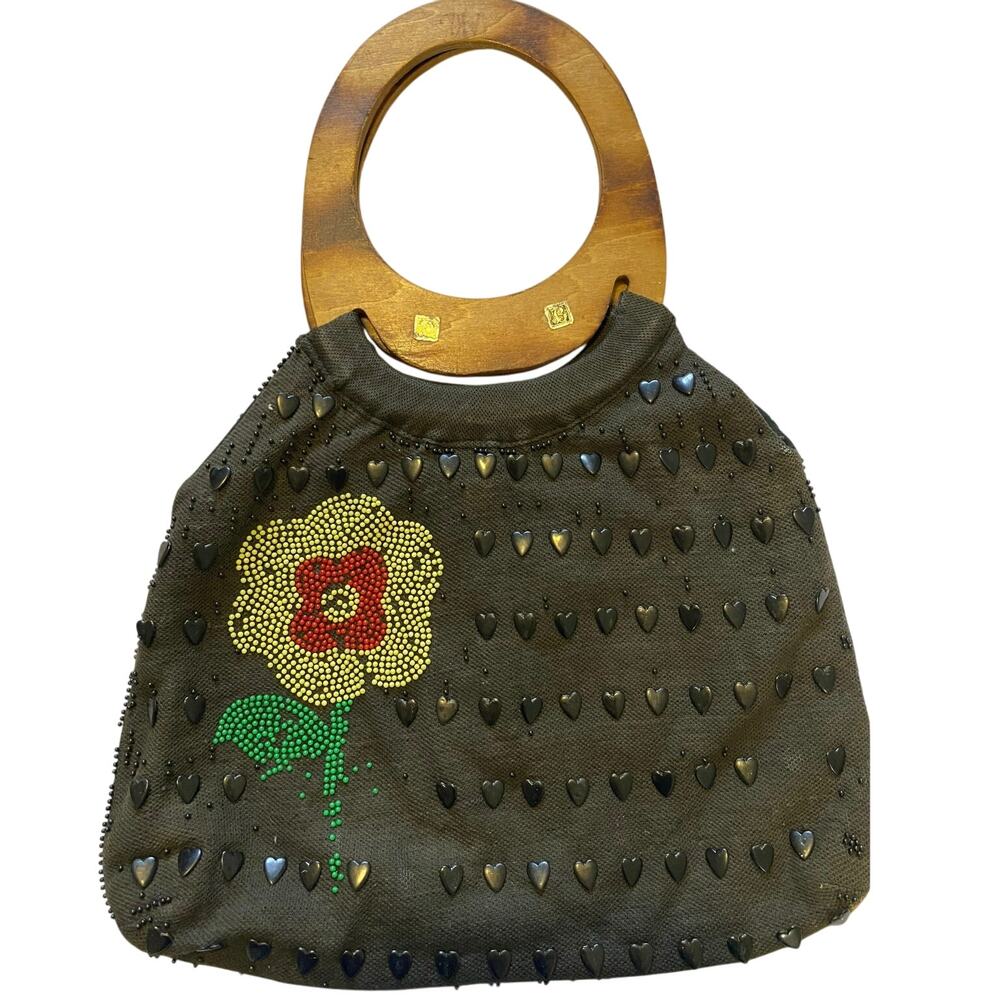 VTG Mrs Jonas style Black heart beaded‎ handbag Wood flat handle 70s Hong Kong